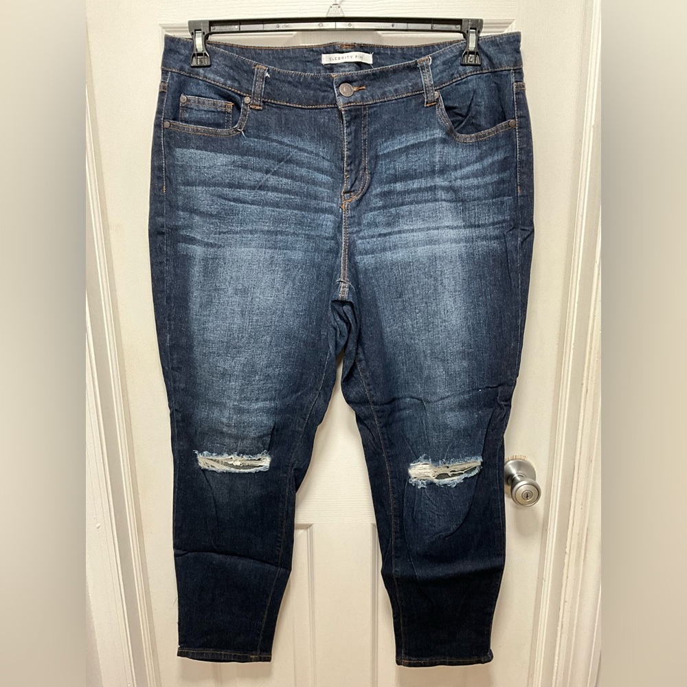 Celebrity Pink Dark Blue Distressed Girlfriend Jeans Plus Size 18, Inseam 28”
